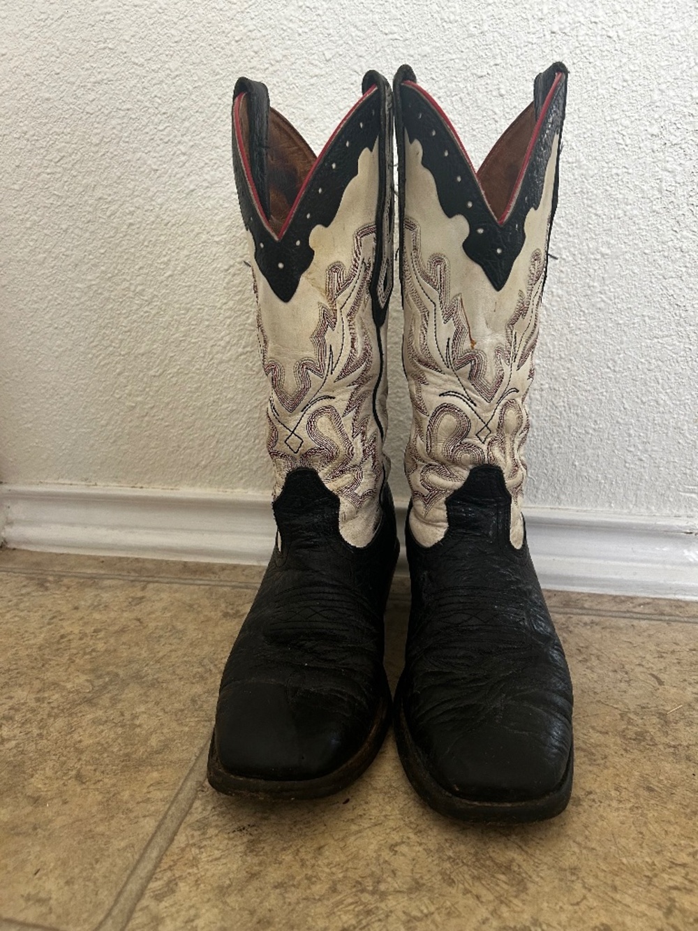 Boulet Black, White & Red Embroidered Western Cowboy Boots